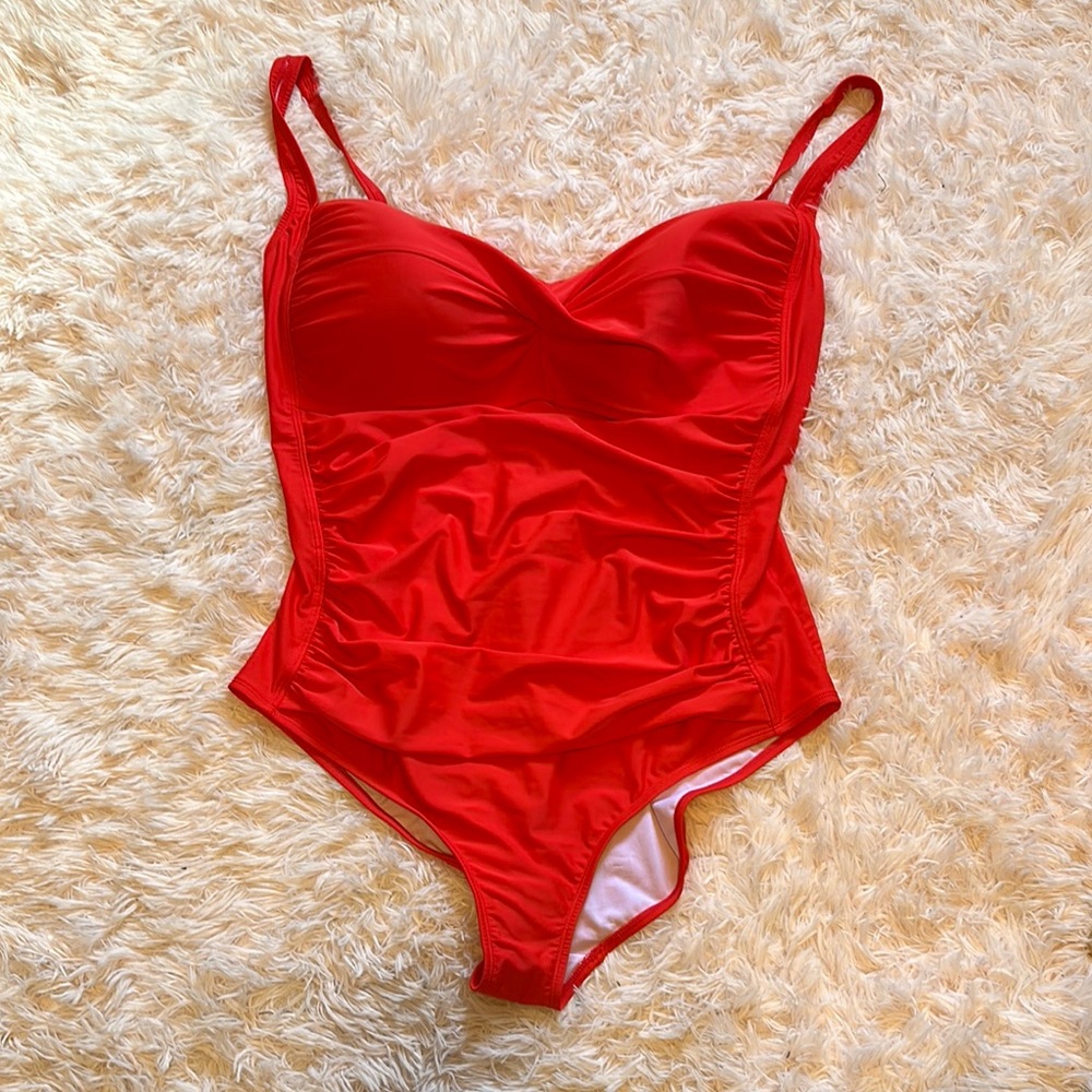 Liz Claiborne Poppy Red One Piece Swimsuit with Sweetheart Neckline
